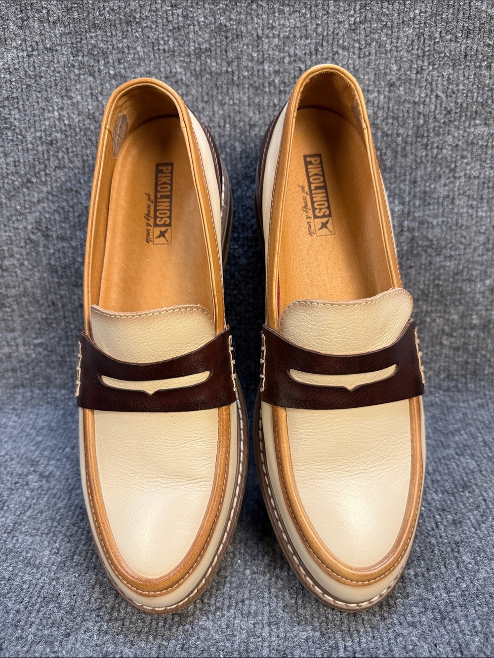 PIKOLINOS Aldaya Women’s Calfskin Cream and Brown Penny Loafers US 9 EU 40 NWOT - Picture 5 of 12